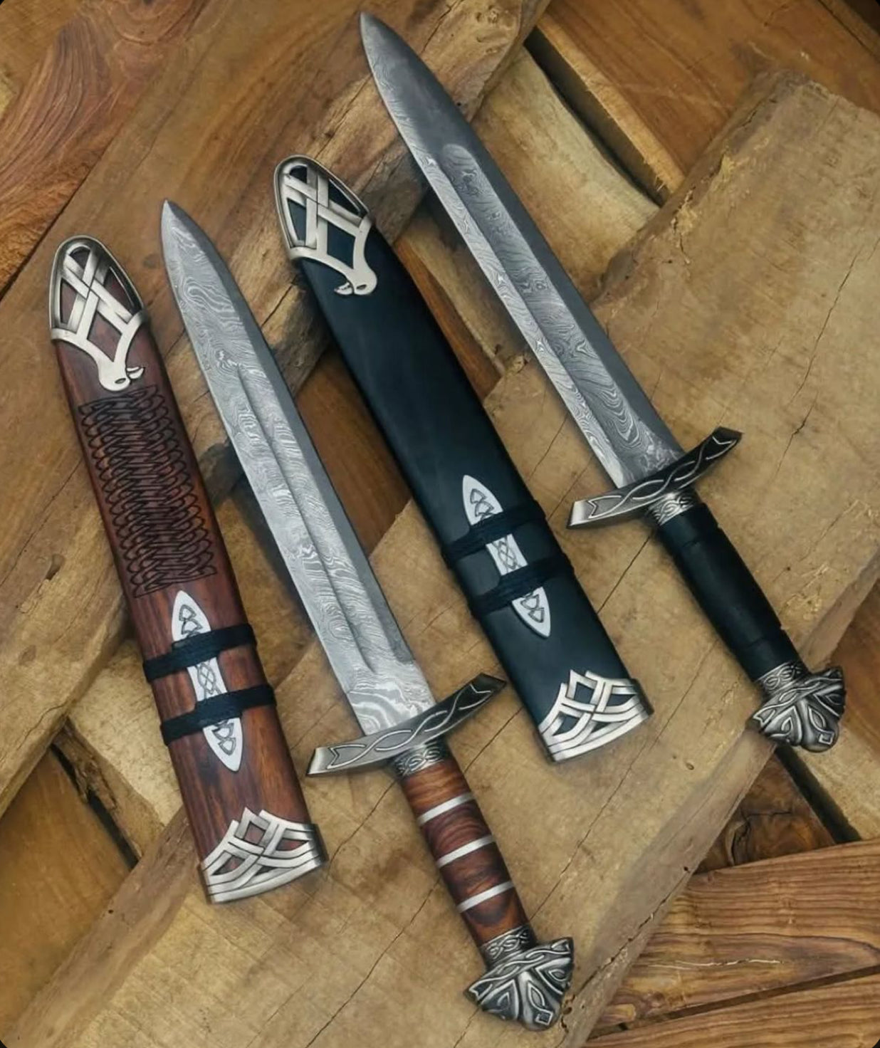 Pair of 12” Handmade Viking-Style Damascus Steel Swords with Wooden Scabbards