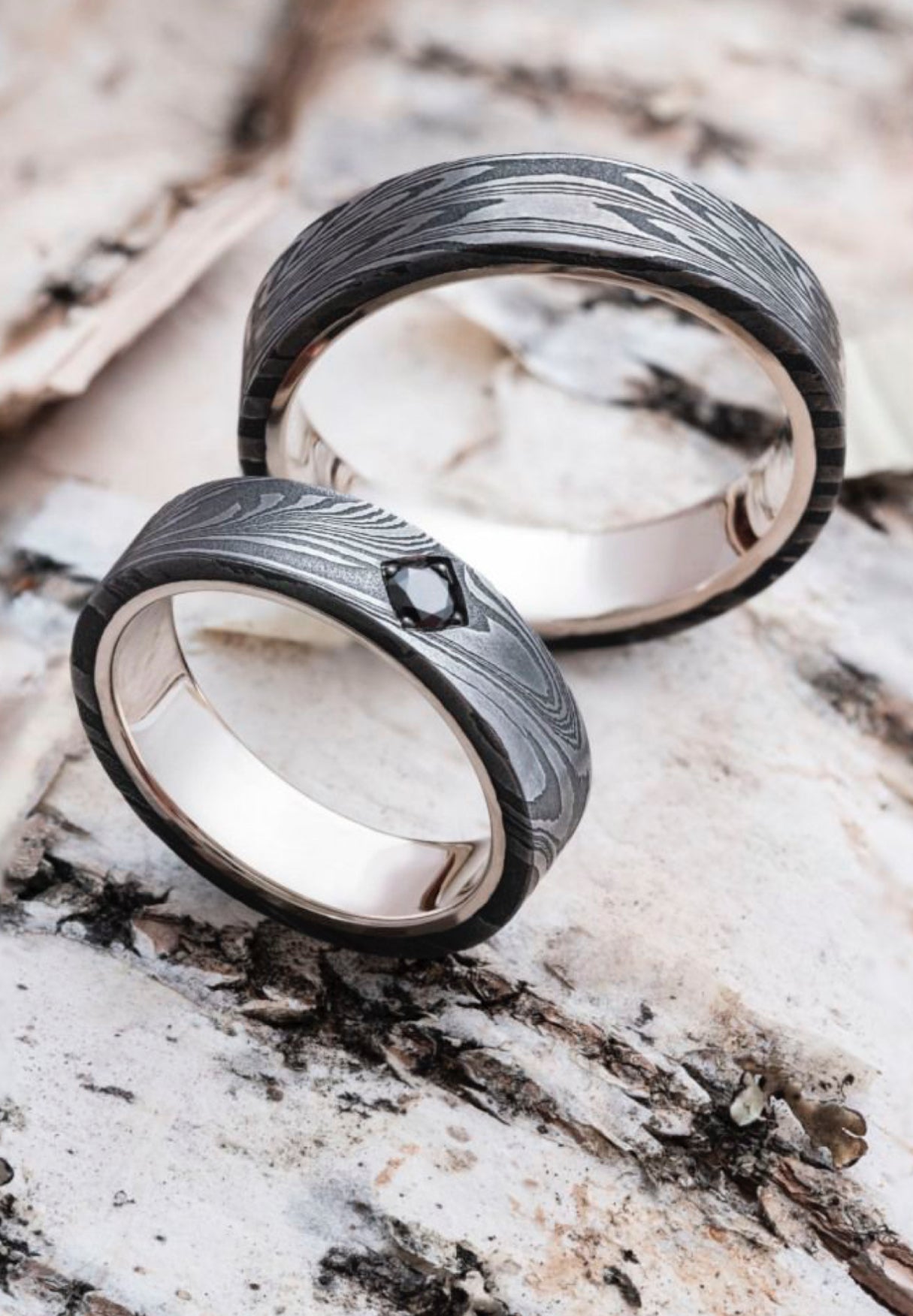 Handmade Damascus Steel Couple Rings with Brass Inlay – Custom Sizes