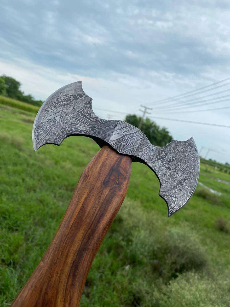Hand-Forged Damascus Steel Double-Headed Axe with Walnut Handle
