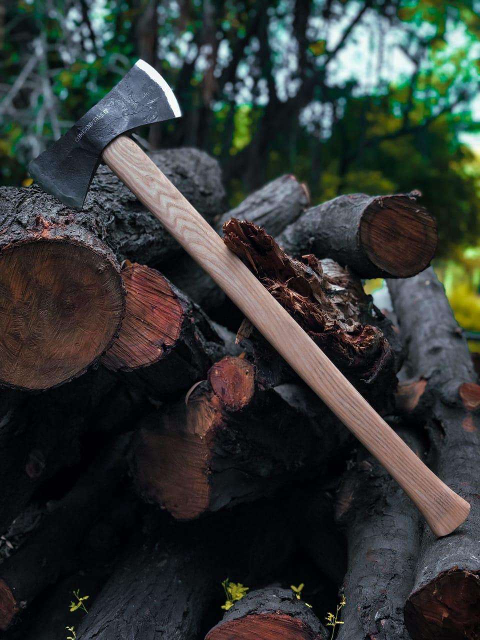 Hand-Forged Felling Axe with Ash Wood Handle & Leather Sheath