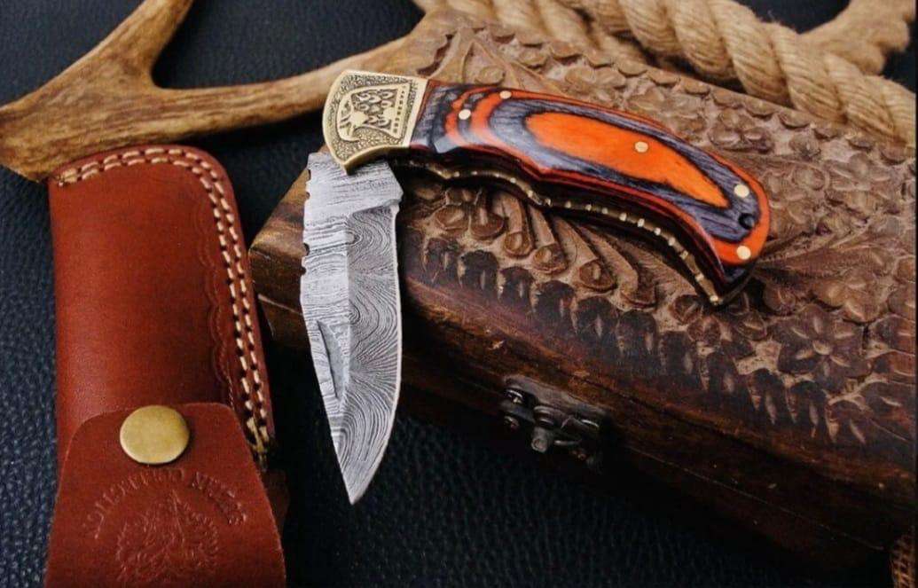 Handcrafted Damascus Steel Lock-Back Folding Knife with Sheath