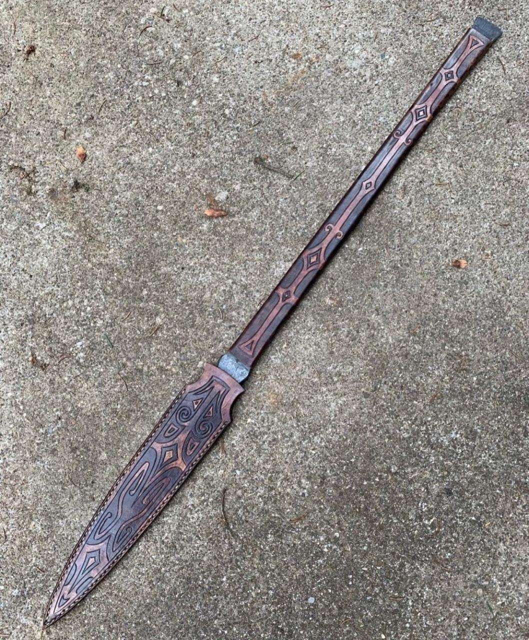 Handcrafted Long Dagger with Carved Wooden Handle & Ornate Sheath