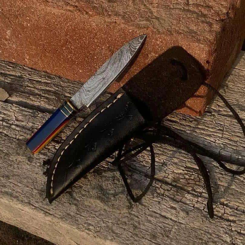 Mini Damascus Steel Pocket Knife with Color Resin Handle & Black Leather Sheath