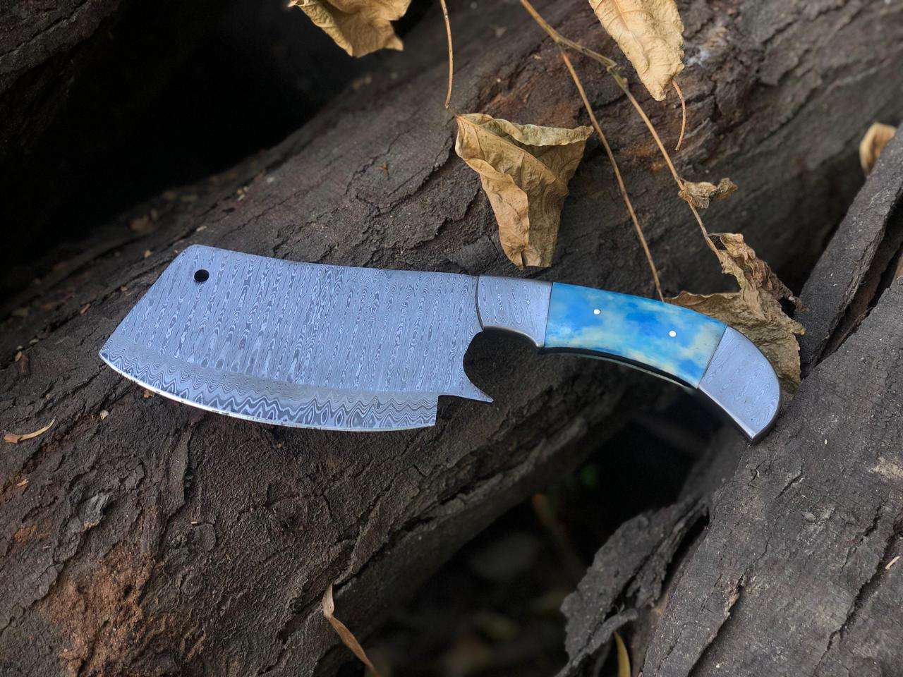Hand-Forged Damascus Steel Mini Cleaver with Custom Handle & Sheath