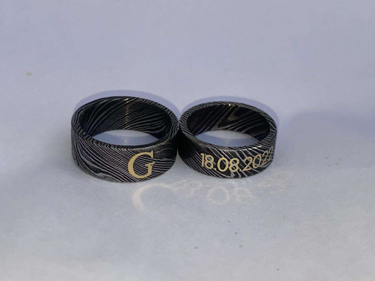 Custom Engraved Damascus Steel Wedding & Engagement Rings