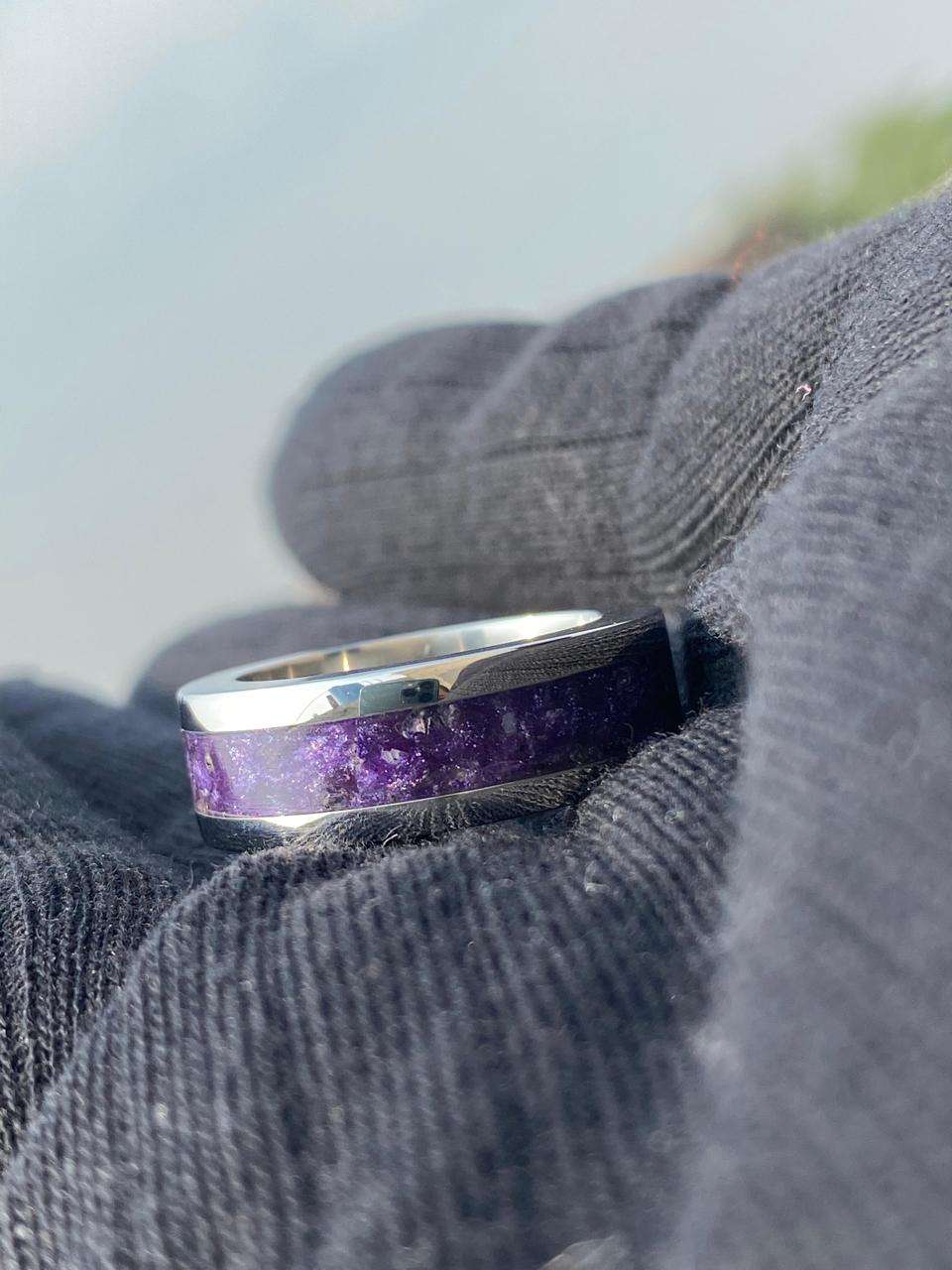 Polished Metal Ring with a Crushed Purple Stone Inlay