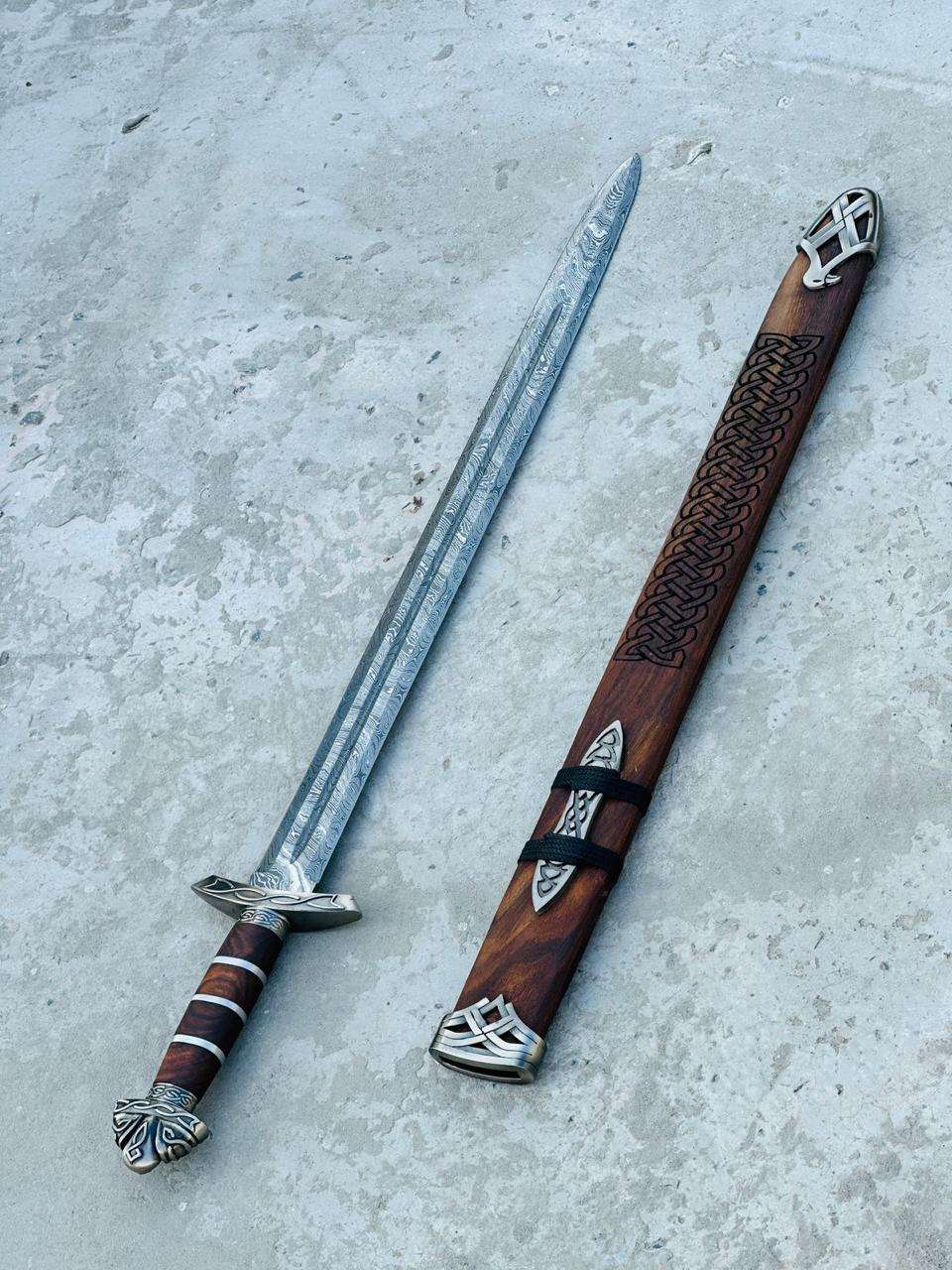 Hand-Forged Viking Sword with Wooden Handle & Engraved Leather Scabbard