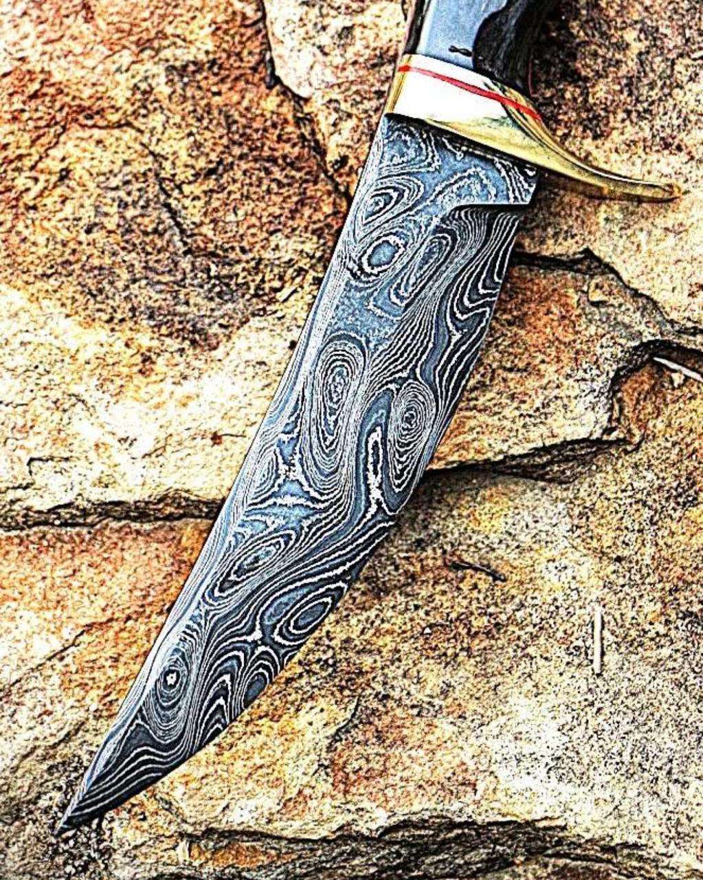 Handcrafted Damascus Steel Hunting Knife | Ebony Wood Handle