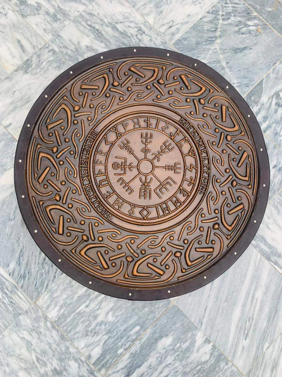 Handmade Viking-Inspired Wooden Shield – Artisan Crafted for Display