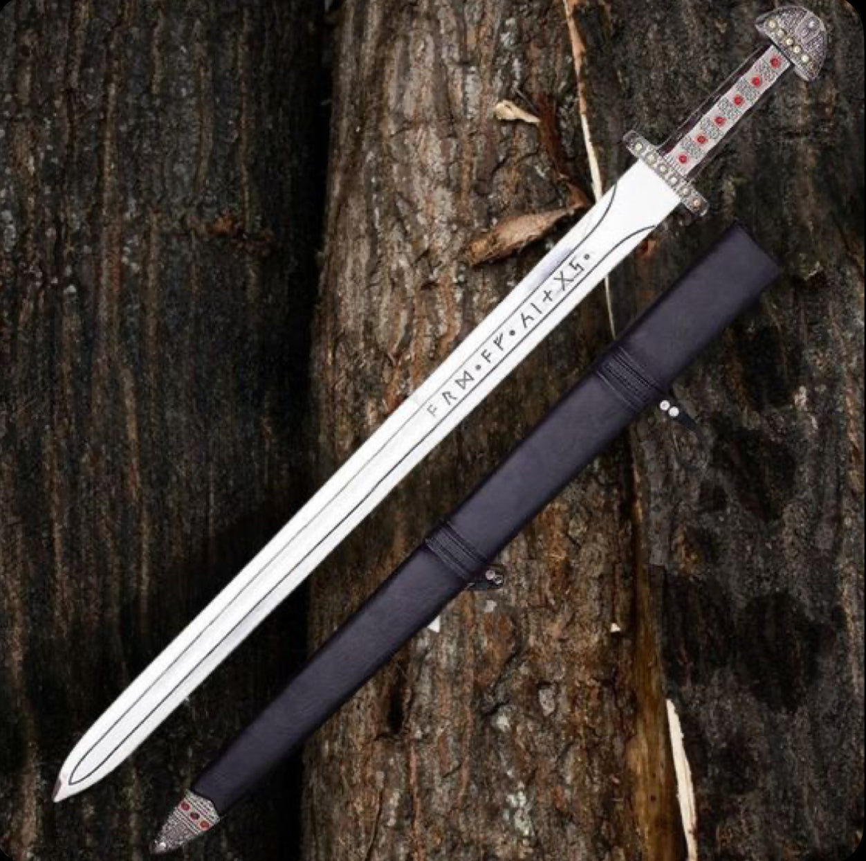 Handmade Viking-Style Sword with Viking Symbol Etched Blade & Scabbard