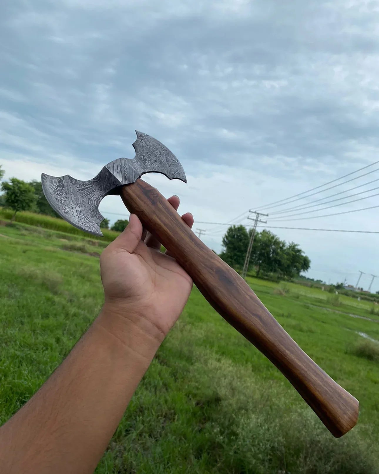 Handmade Damascus Steel Double-Headed Axe with Wooden Handle
