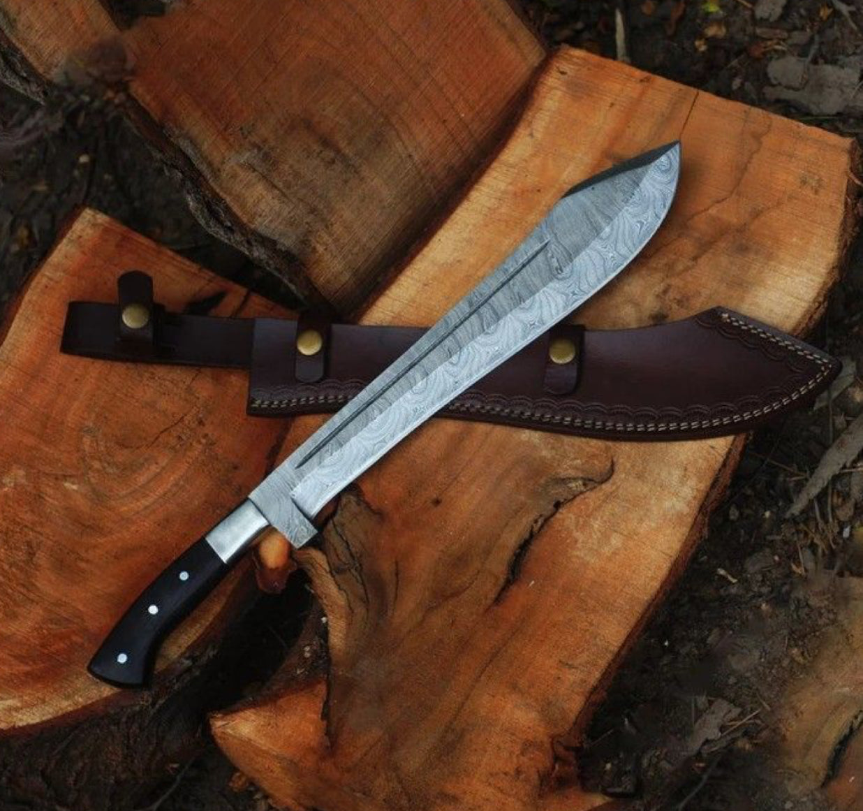 Handmade Damascus Steel Bowie/Kukri Knife with Black Micarta Handle