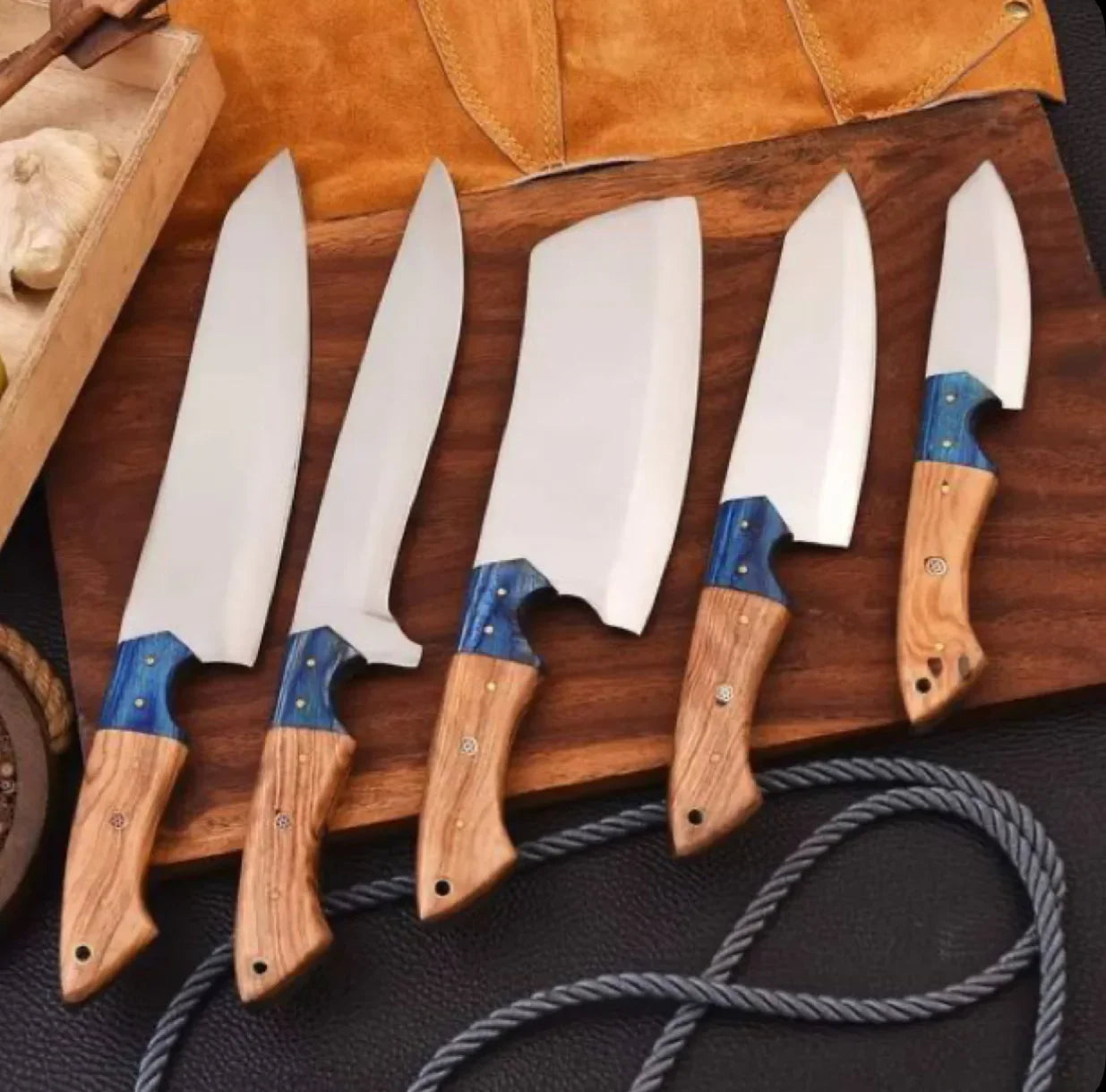 Pair of 5-Piece High Polished D2 Steel Chef Knife Sets – Handmade Professional Knives