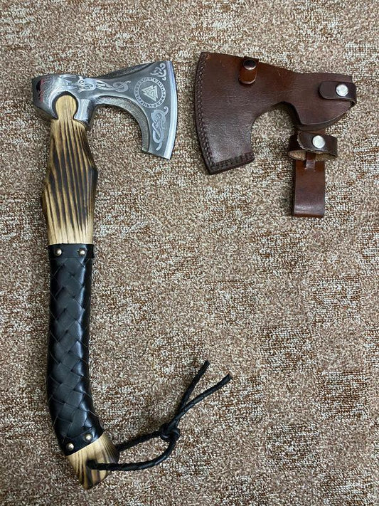 Handmade Viking-Style Axe with Etched 1095 Steel Head, Burnt Wood & Leather-Wrapped Handle