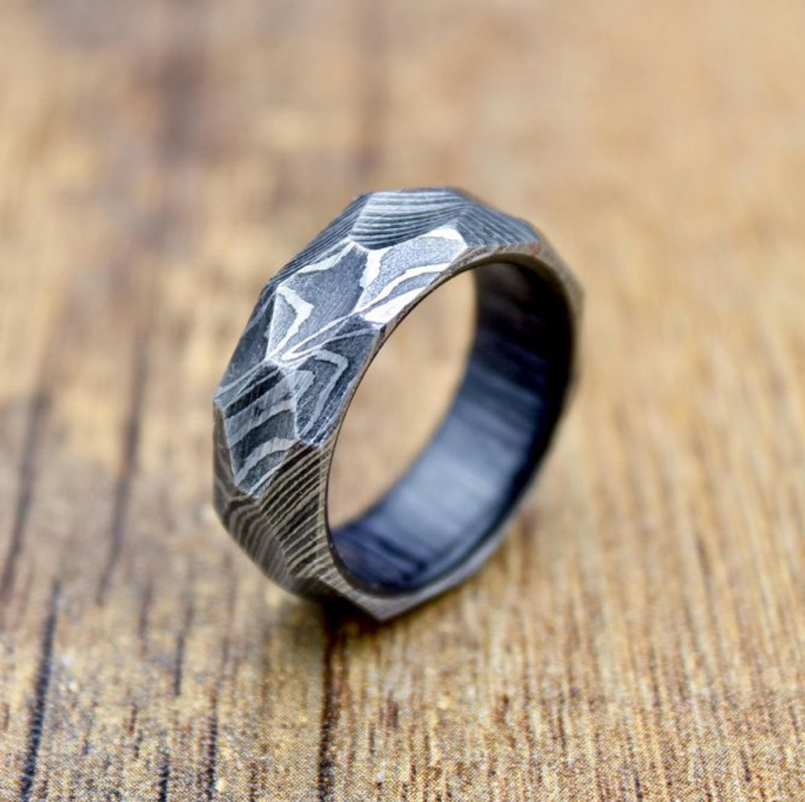 Handmade Damascus Steel Ring with Blue Paka Wood Inlay