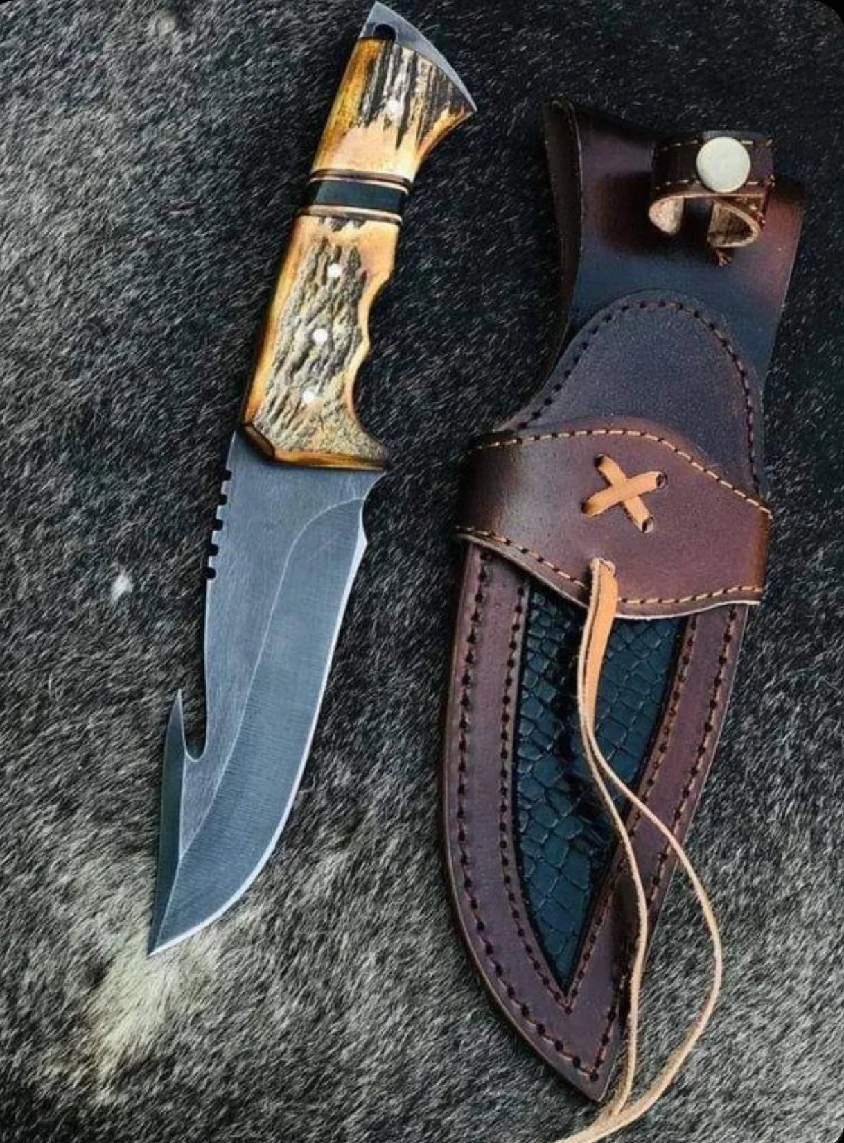 Handmade Gut Hook Hunting Knife with Horn Handle & Black Powder-Coated 12 Chromium Steel Blade
