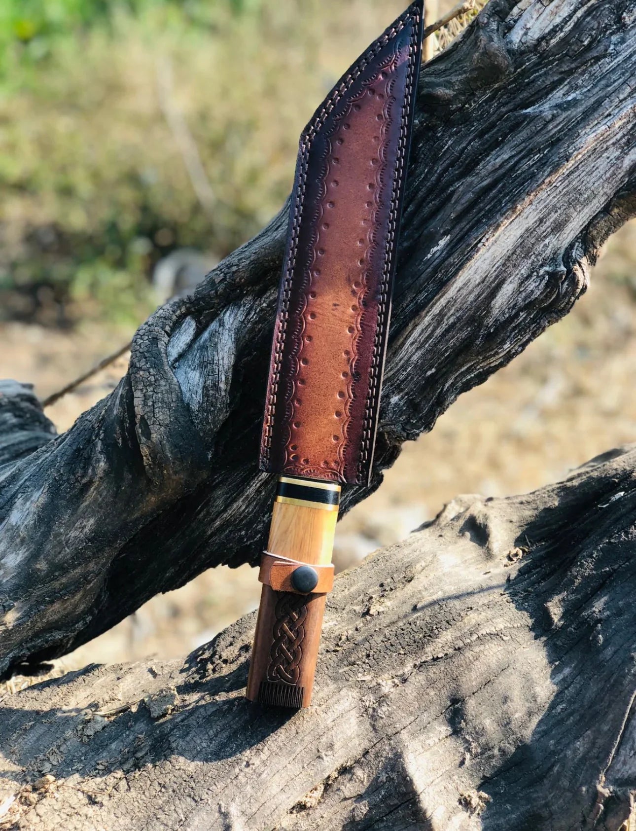 Handmade Seax Knife with Engraved Wooden Handle & Leather Sheath