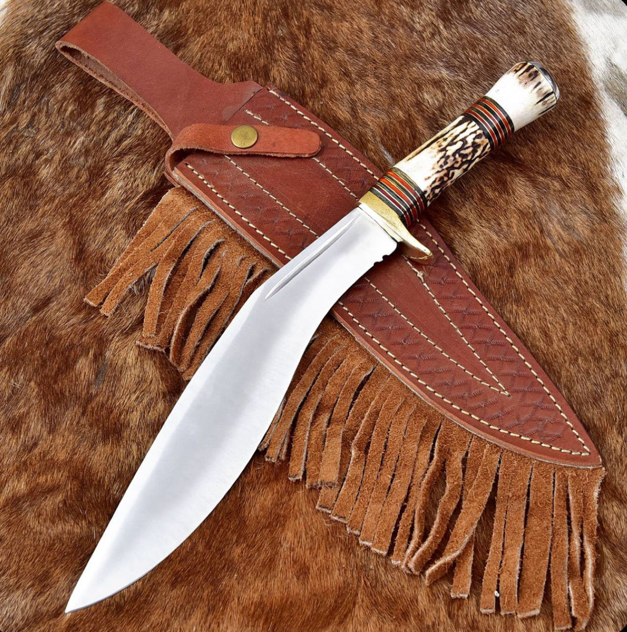 Handmade Fixed-Blade Kukri Knife with Stag Handle and Leather Sheath