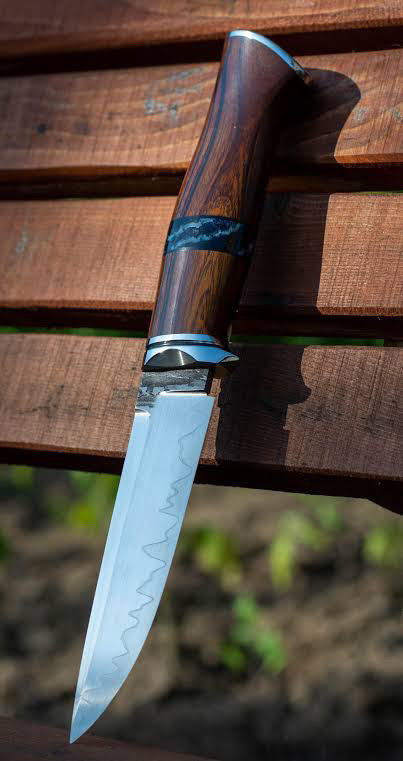 Handcrafted Damascus-Style Fixed Blade Collector's Knife - Stabilized Wood and Resin Handle