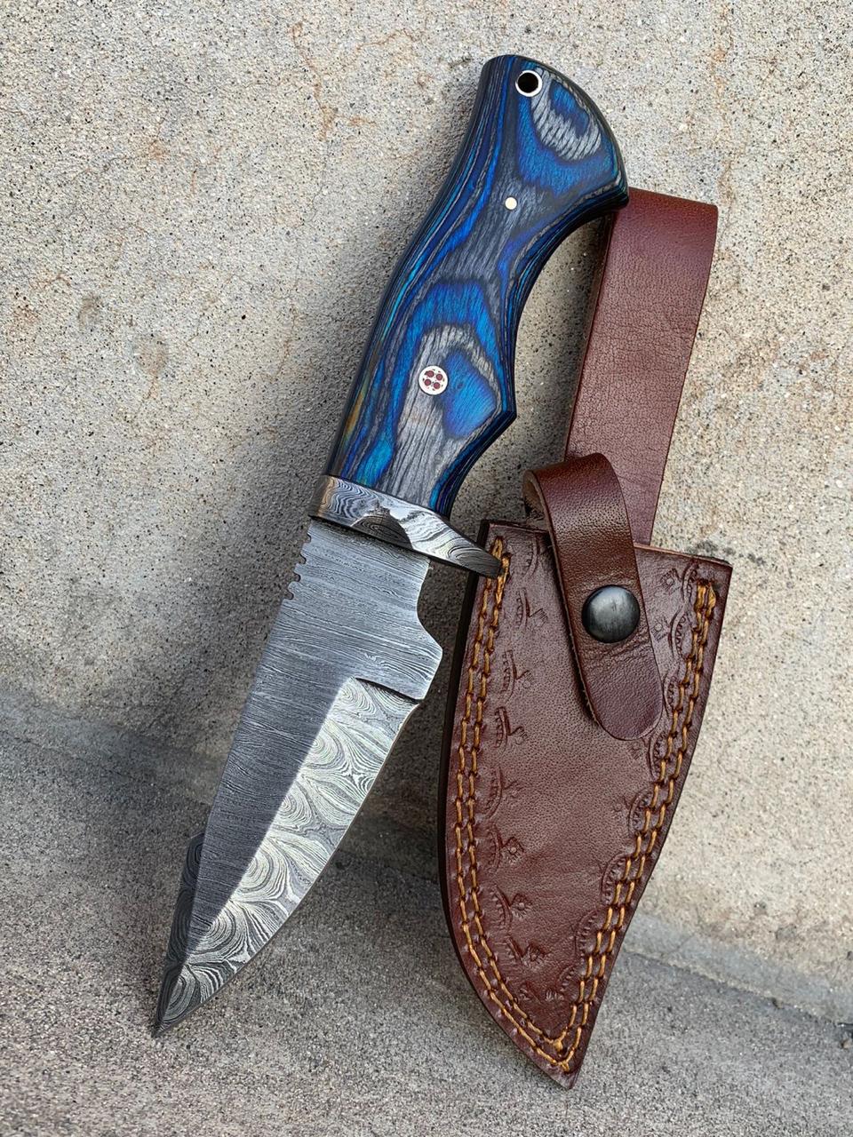 Custom Damascus Steel Hunting Knife with Blue Resin-Wood Handle & Tooled Leather Sheath