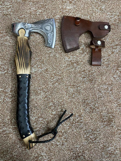 Handmade Viking-Style Axe with Etched 1095 Steel Head, Burnt Wood & Leather-Wrapped Handle