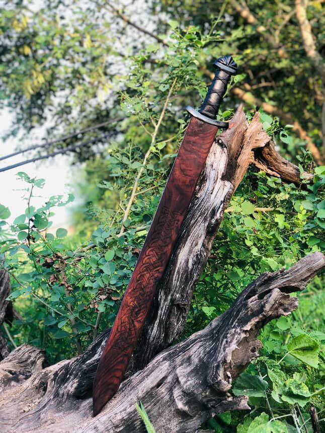 Handmade Viking-Style Damascus Steel Sword with Wooden Engraved Scabbard
