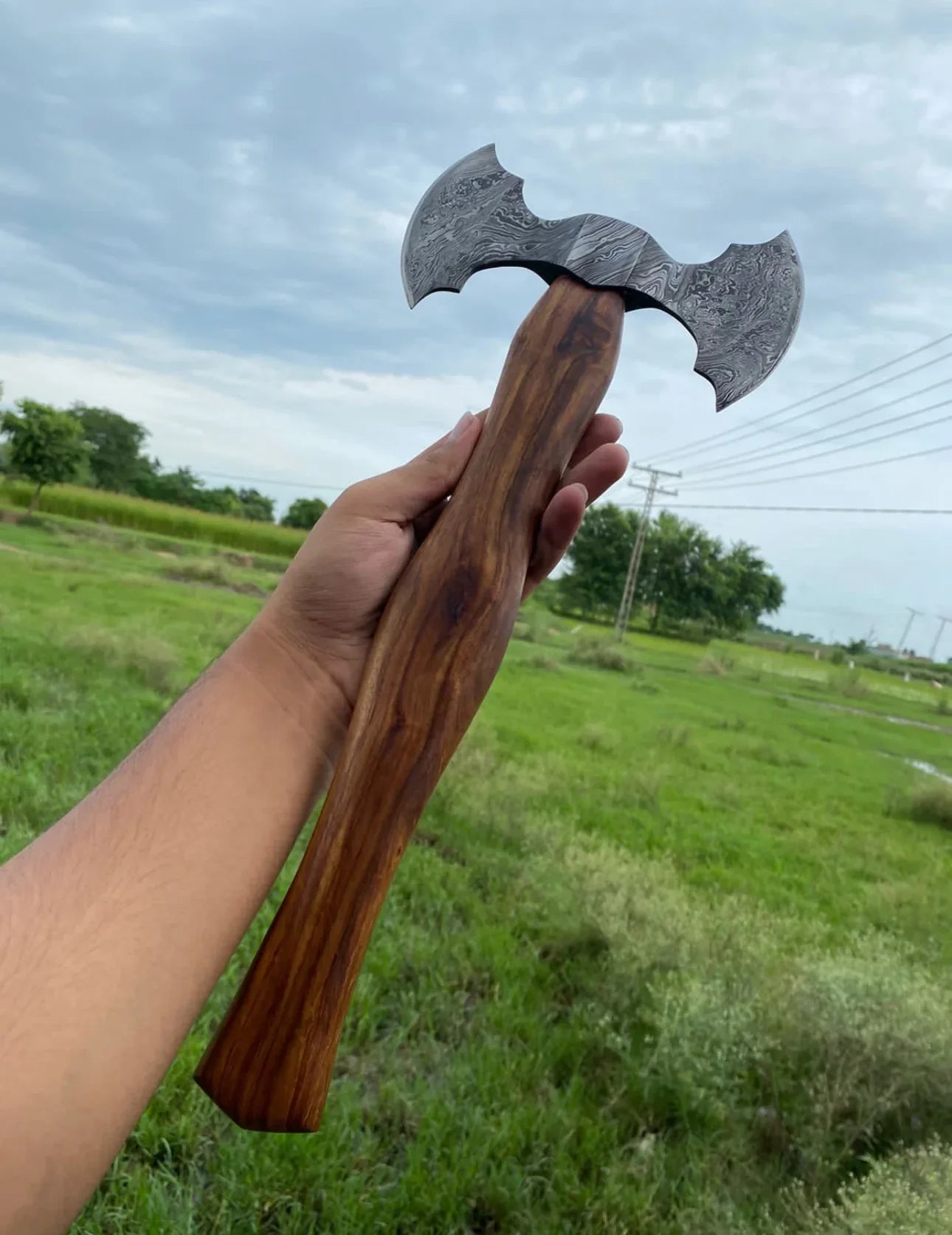 Handmade Damascus Steel Double-Headed Axe with Wooden Handle
