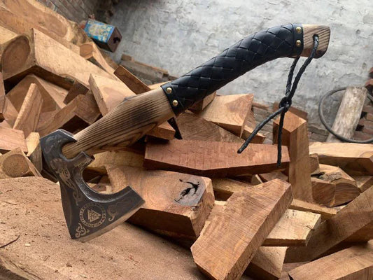 Handmade Viking-Style Axe with Etched 1095 Steel Head, Burnt Wood & Leather-Wrapped Handle