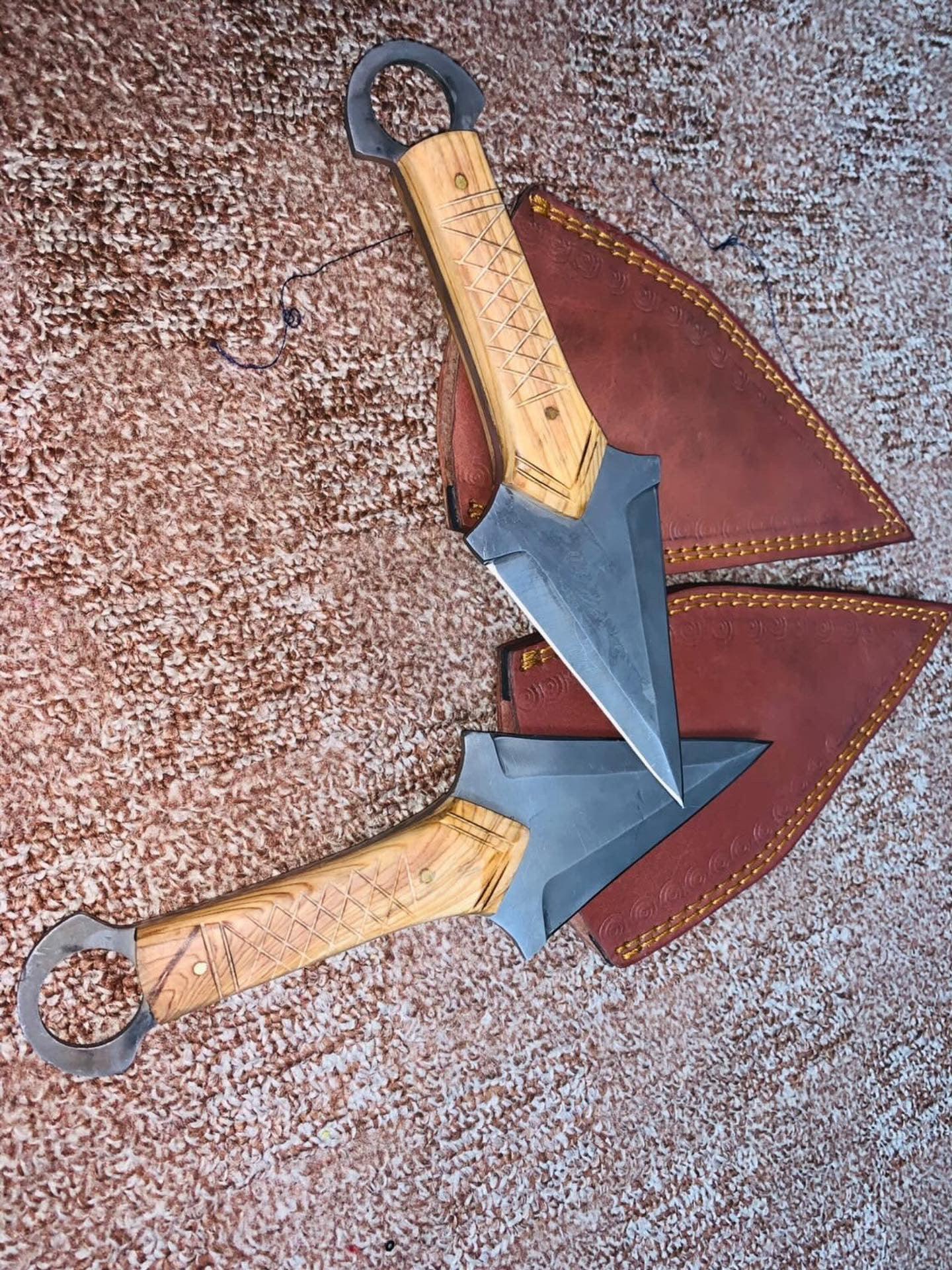 Handmade 10” Throwing Knives with 1095 Steel Blades & Engraved Wooden Handles – Anime Style