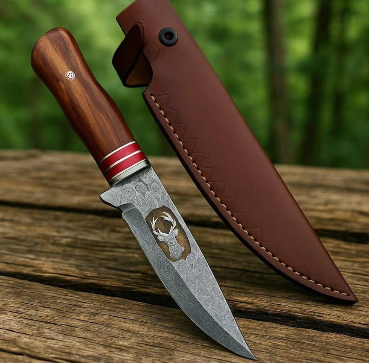 Handmade Damascus Steel Hunting Knife with Rosewood Handle