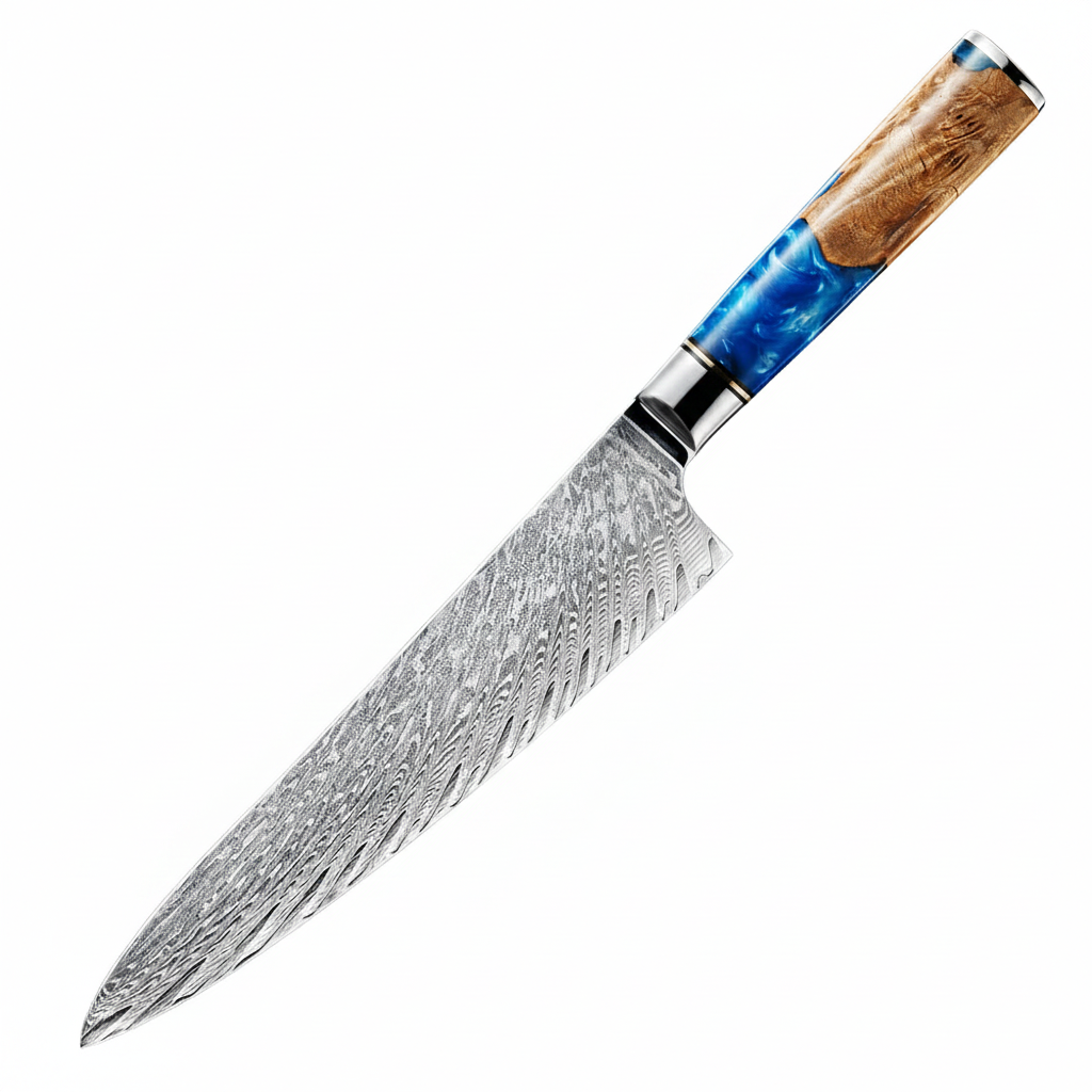 Artisan Feather Damascus Chef Knife – Blue Resin & Stabilized Burl Wood Handle