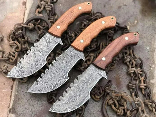Set of 3 Handmade Tracker Knives with Damascus Steel Blades & Wooden Handles