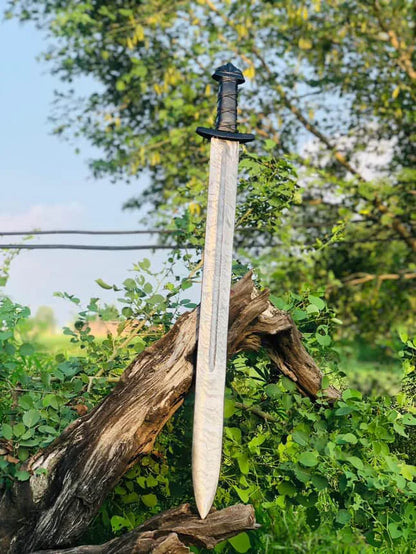 Handmade Viking-Style Damascus Steel Sword with Wooden Engraved Scabbard