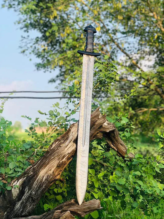 Handmade Viking-Style Damascus Steel Sword with Wooden Engraved Scabbard