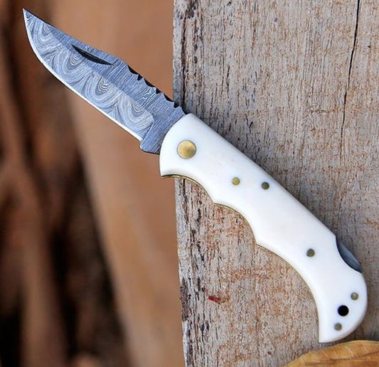 Handmade Damascus Steel Pocket Knife – Bone Handle