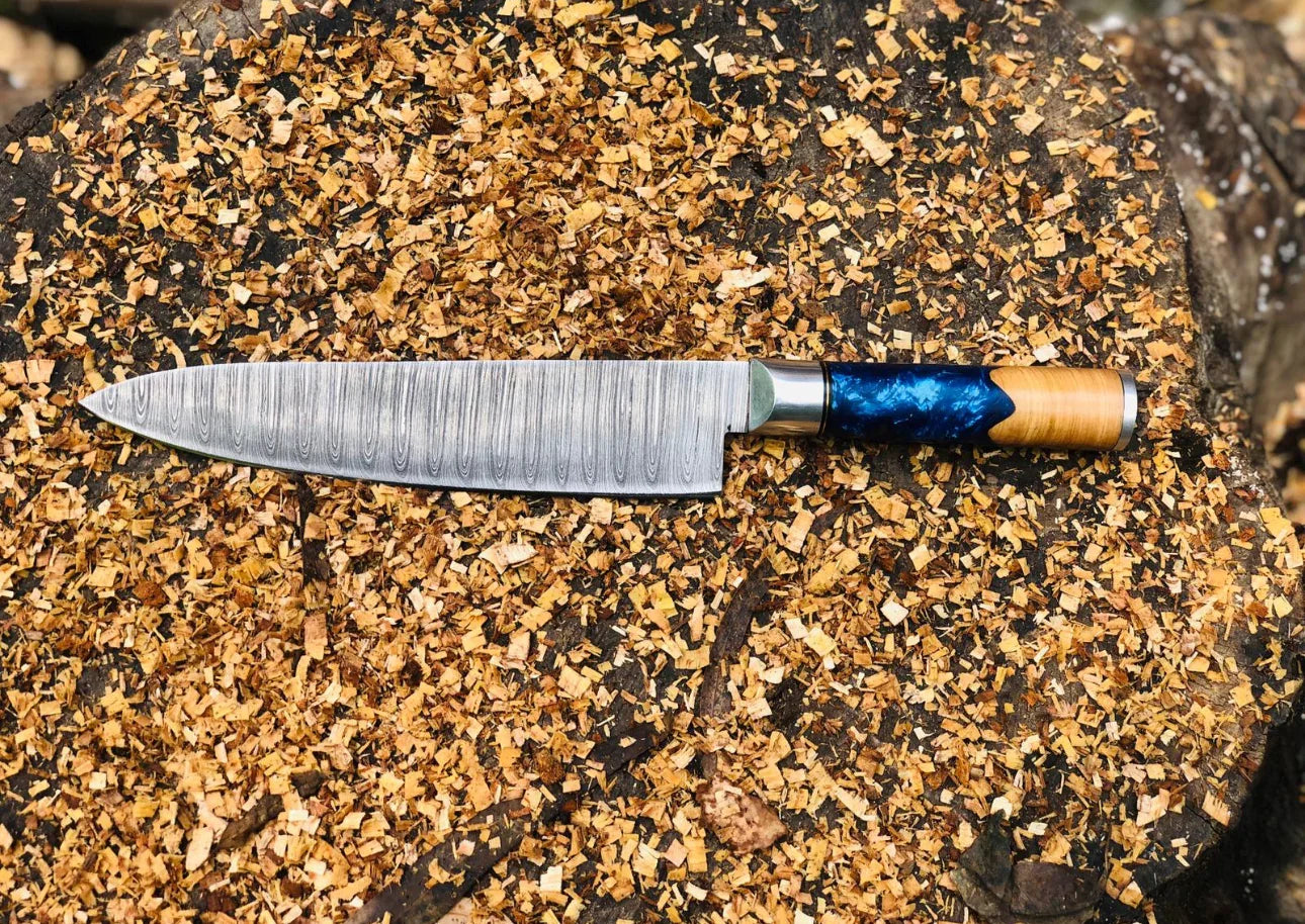 Handmade Chef Knife with Damascus Steel Blade & Wooden-Resin Handle