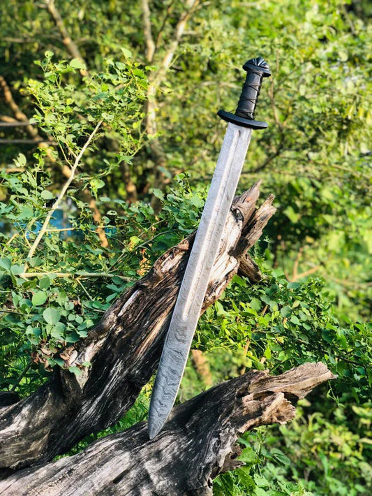 Handmade Viking-Style Damascus Steel Sword with Wooden Engraved Scabbard