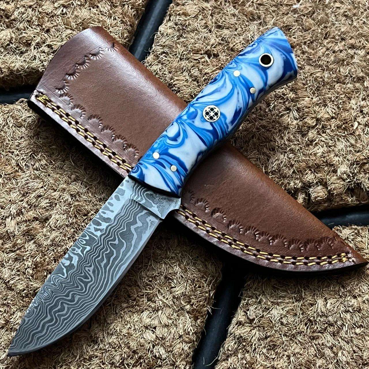Handcrafted Damascus Steel Knife with Blue Resin Handle & Leather Sheath