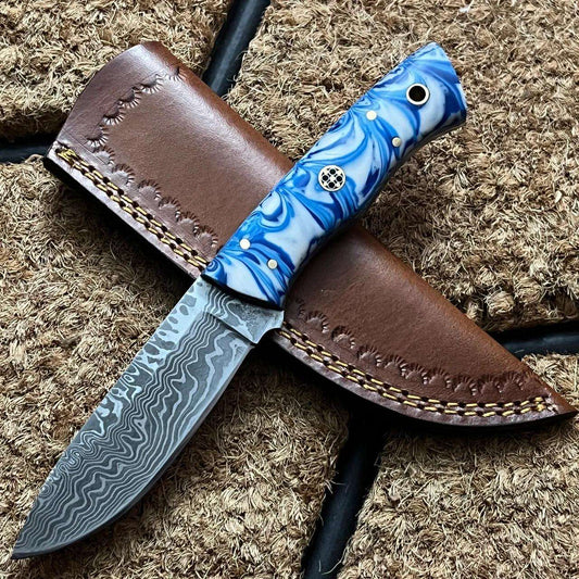 Handcrafted Damascus Steel Knife with Blue Resin Handle & Leather Sheath