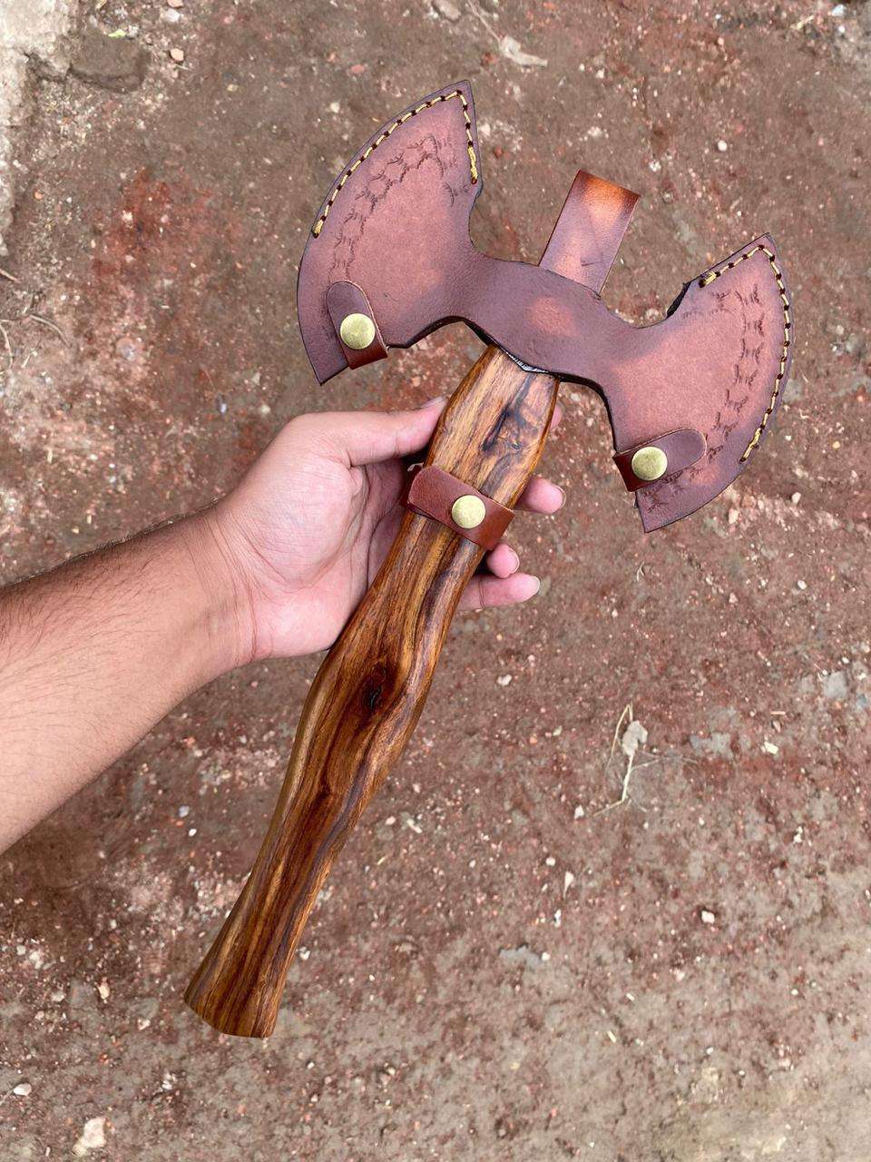 Hand-Forged Damascus Steel Double-Headed Axe with Walnut Handle