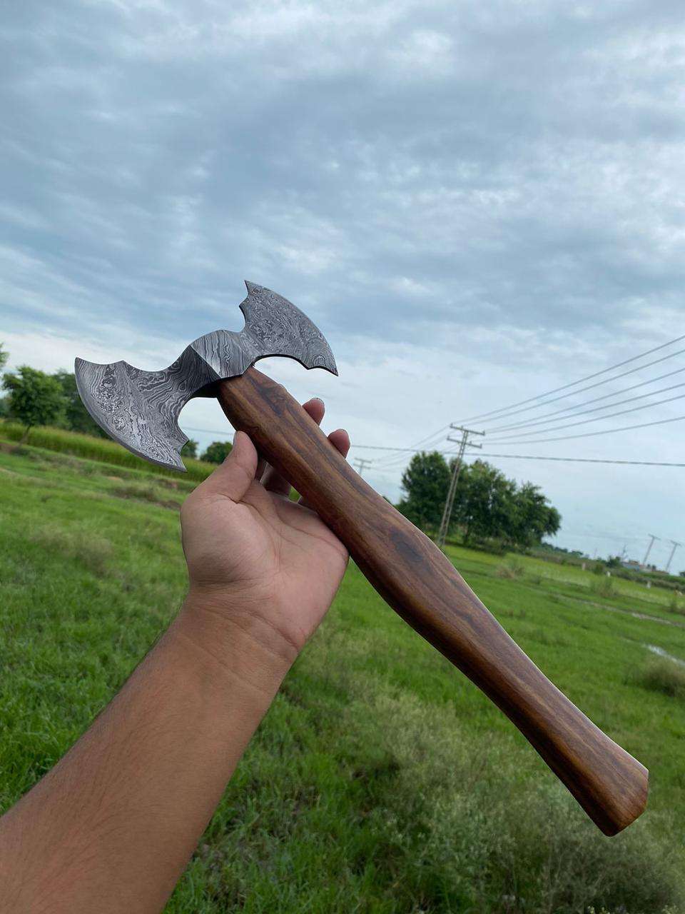 Hand-Forged Damascus Steel Double-Headed Axe with Walnut Handle