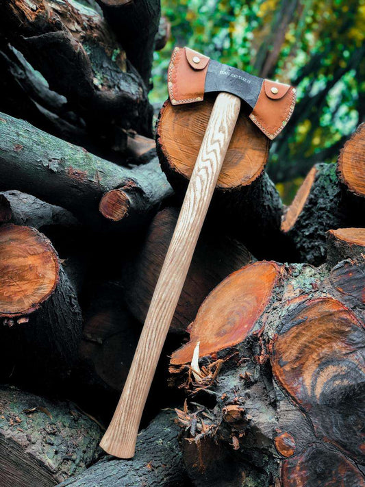 Hand-Forged Felling Axe with Ash Wood Handle & Leather Sheath