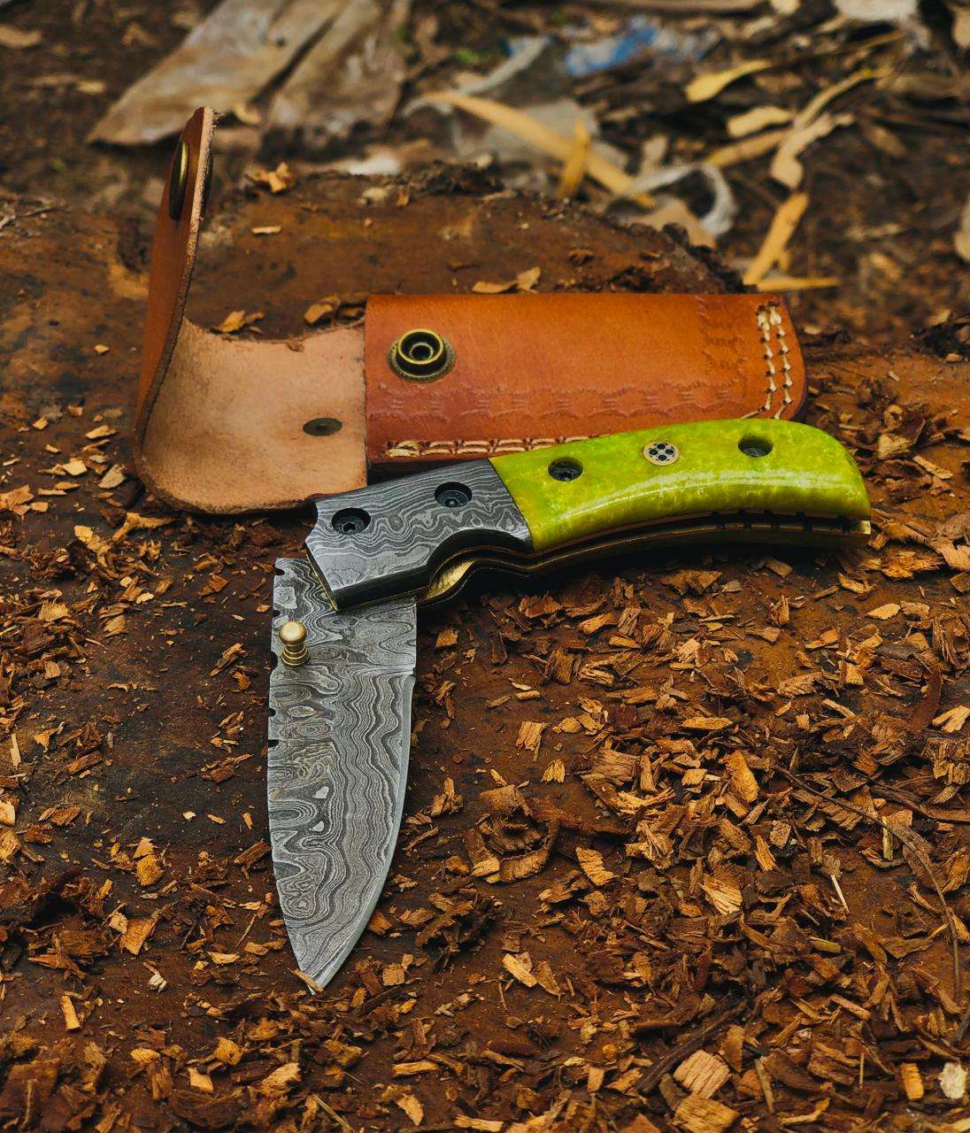 Hand-Forged Damascus Steel Folding Knife with Custom Handle