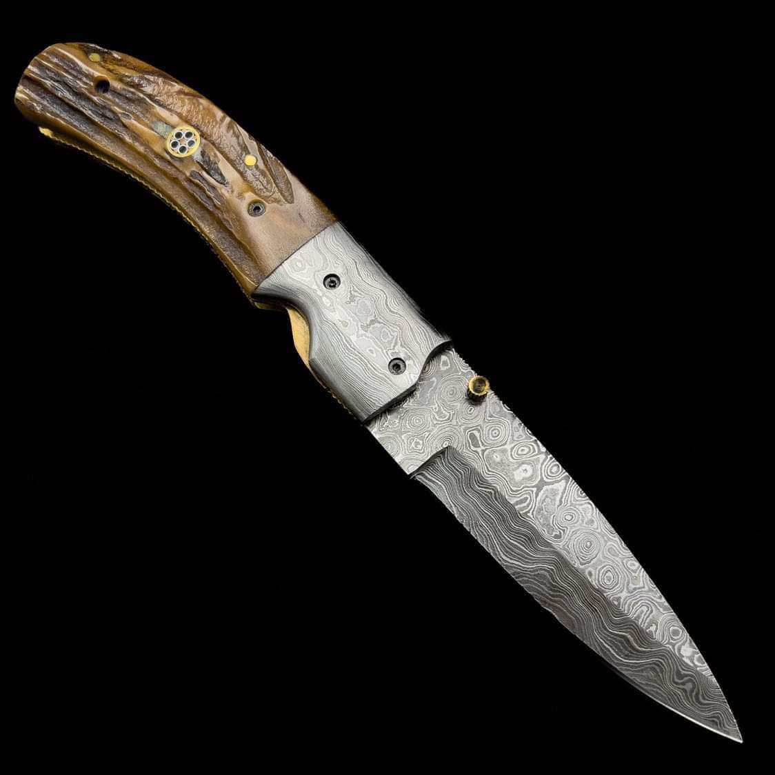 Handcrafted Damascus Steel Folding Knife with Bone Handle