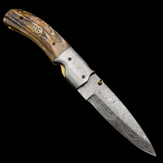 Handcrafted Damascus Steel Folding Knife with Bone Handle