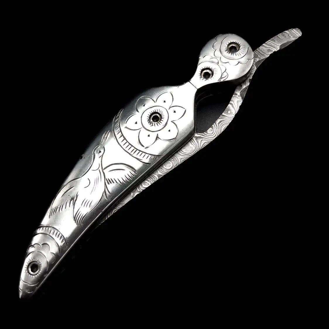 Handcrafted Damascus Steel Folding Knife – Ornate Engraved Handle