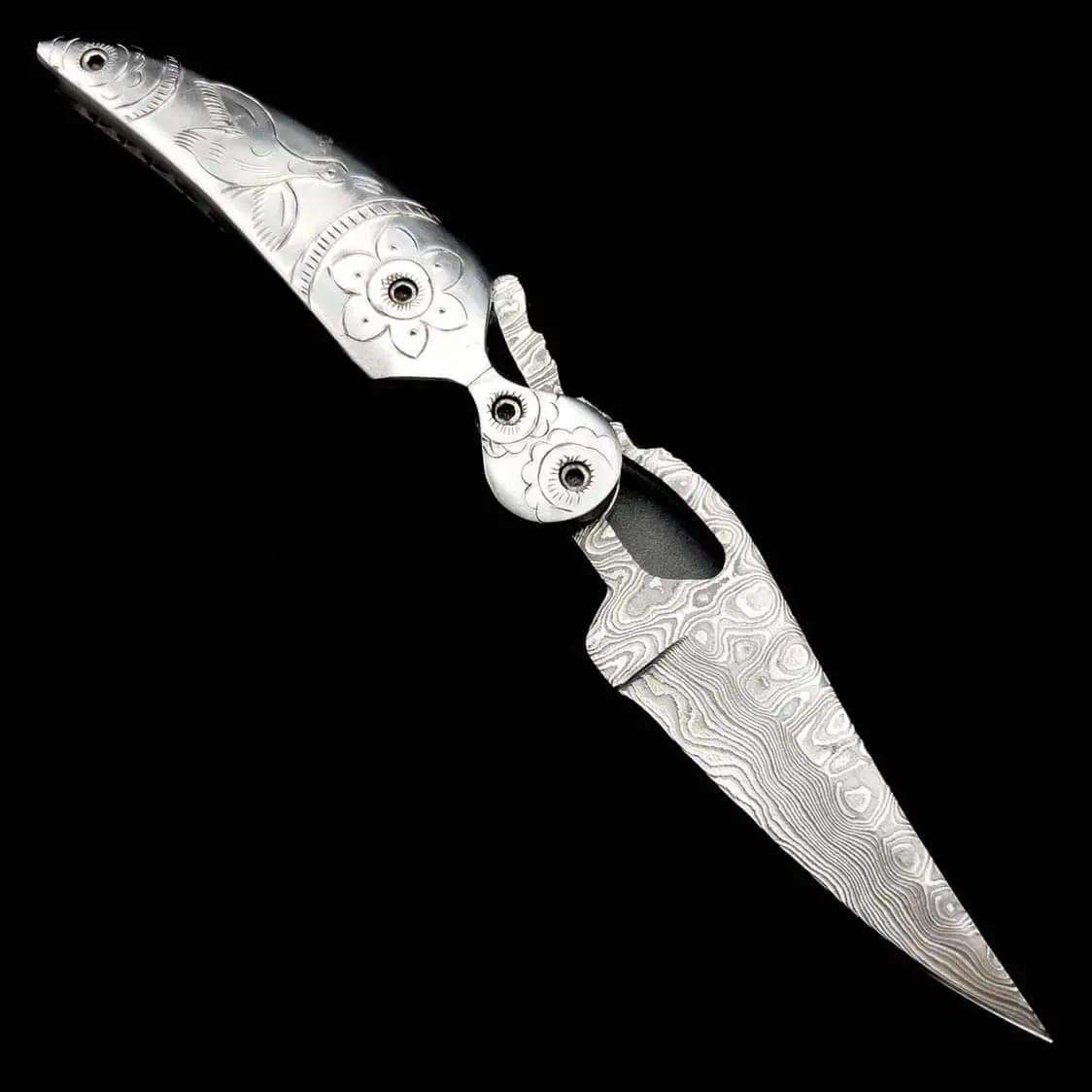 Handcrafted Damascus Steel Folding Knife – Ornate Engraved Handle