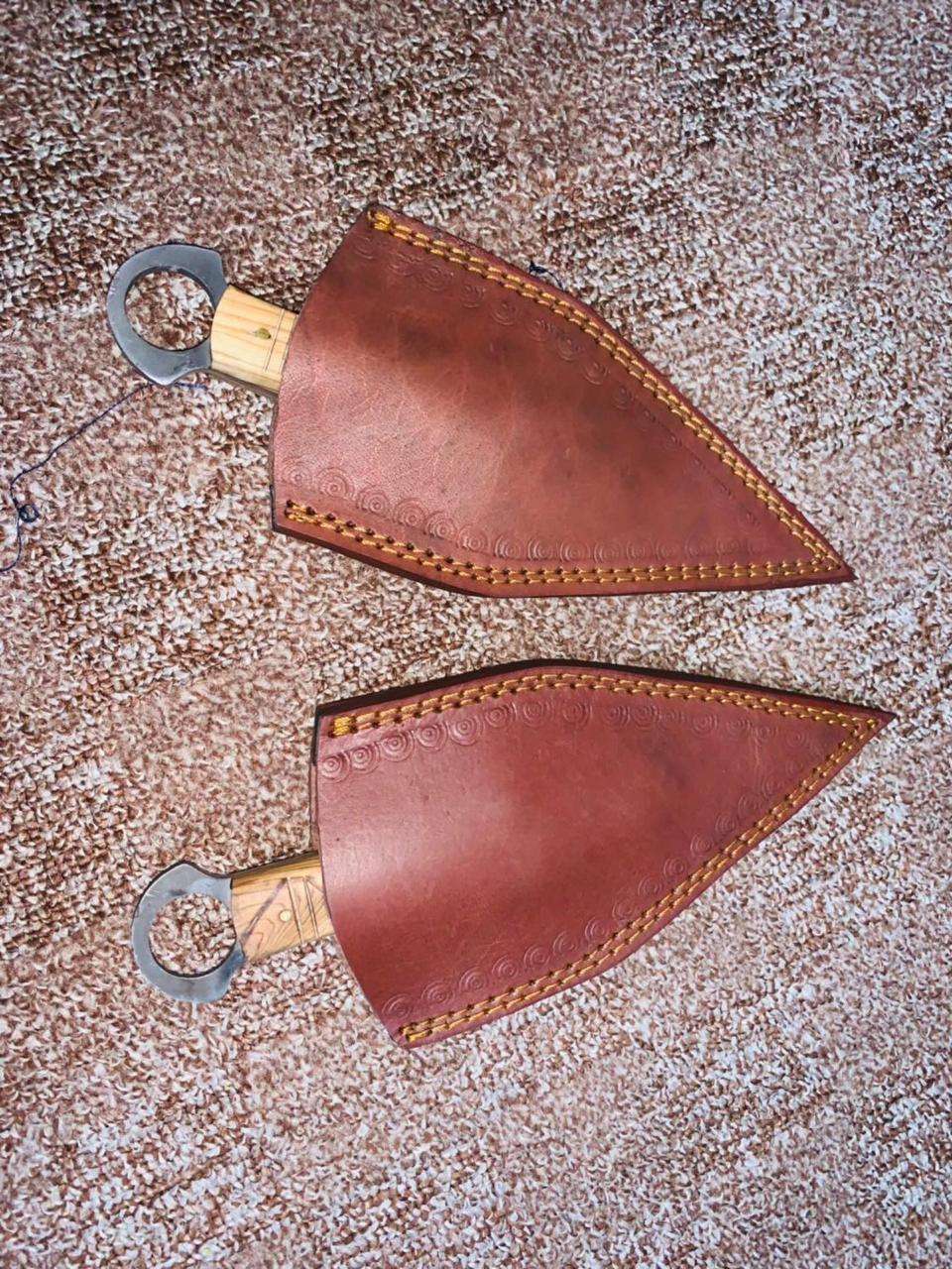 Handcrafted Twin Fixed-Blade Knives with Wooden Handle & Leather Sheath