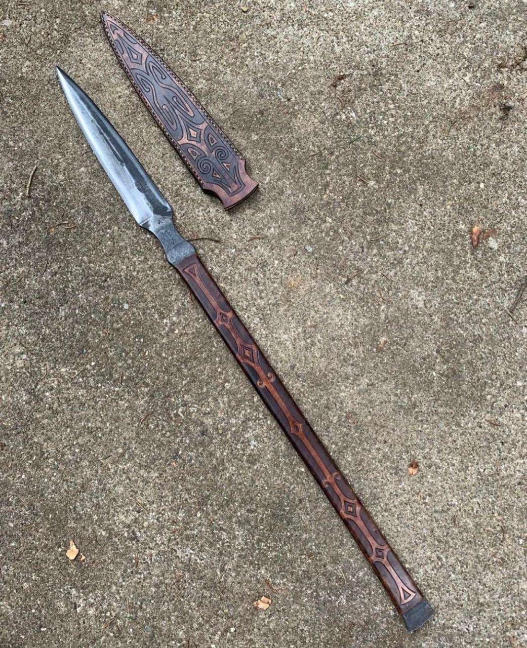 Handcrafted Long Dagger with Carved Wooden Handle & Ornate Sheath