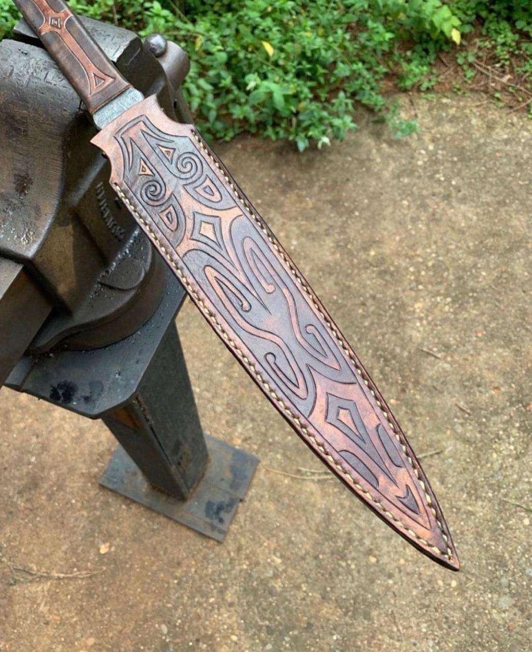 Handcrafted Long Dagger with Carved Wooden Handle & Ornate Sheath